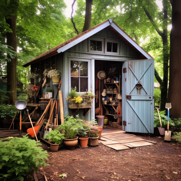 garden shed with different types of hoes