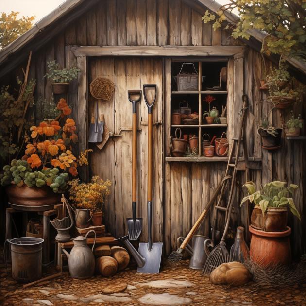 garden shed with tools