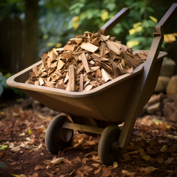 using a wheelbarrow to move wood chips