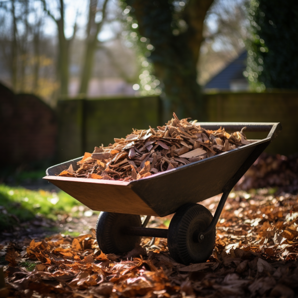 woodchips in a wheelbarrow