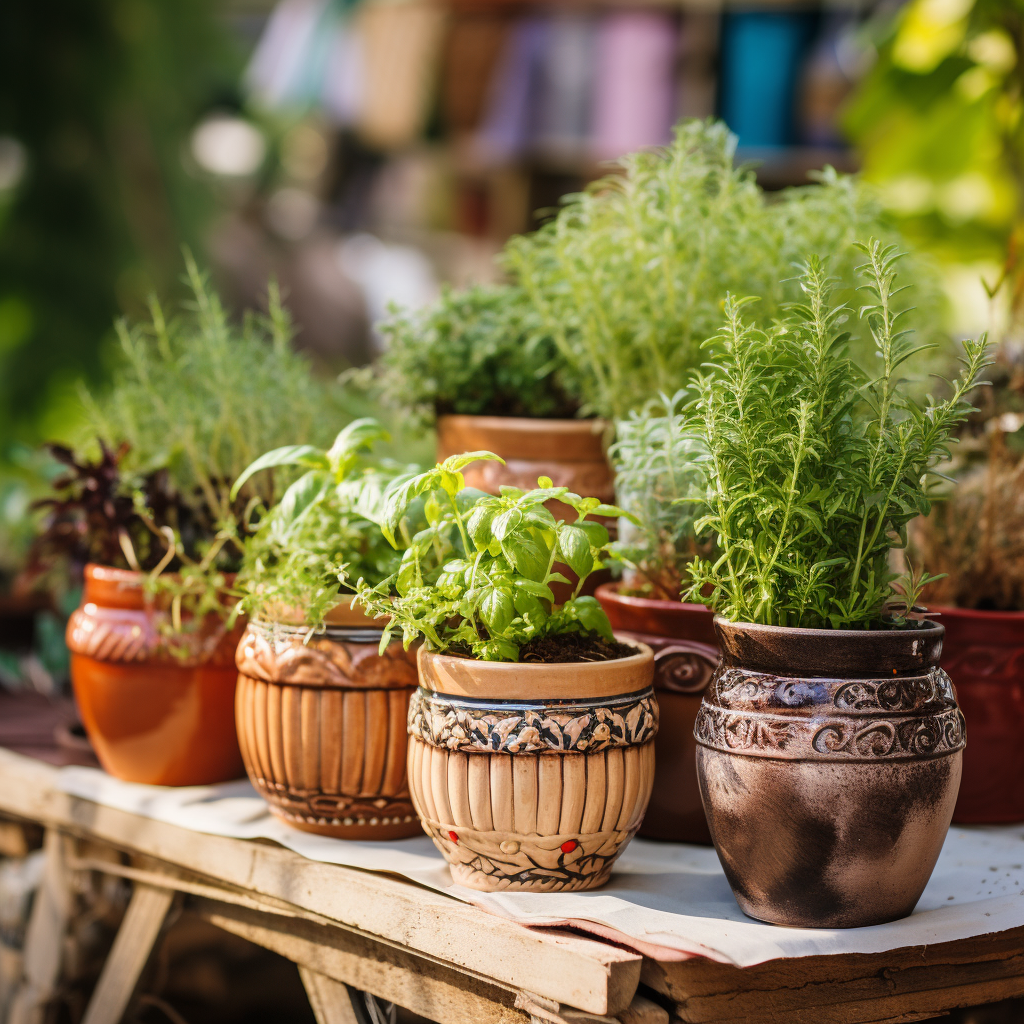 herb garden in ceramic pots