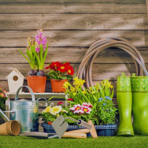 container garden with hand held garden hoe